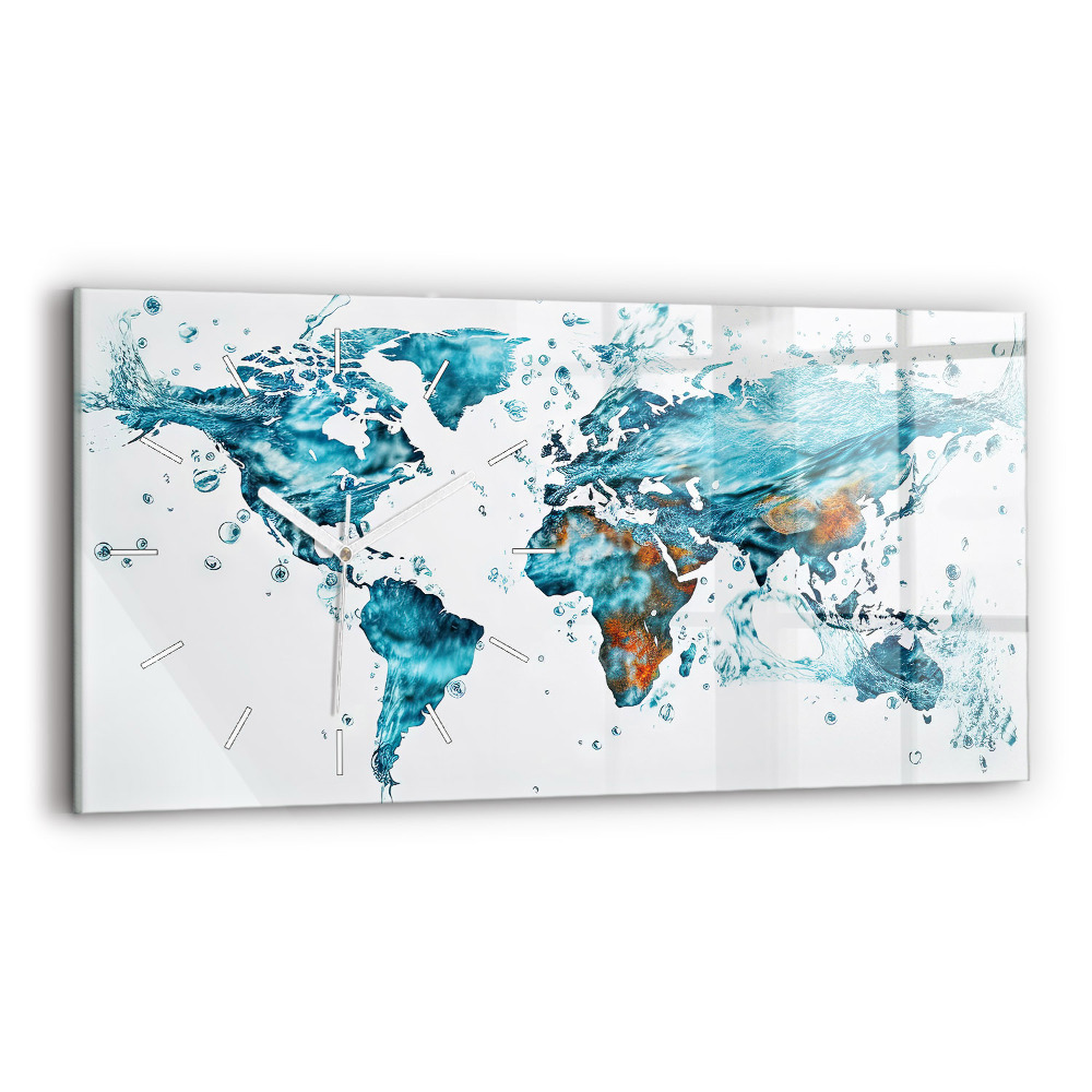 Horizontální skleněné hodiny nástěnné Akvarelová mapa světa