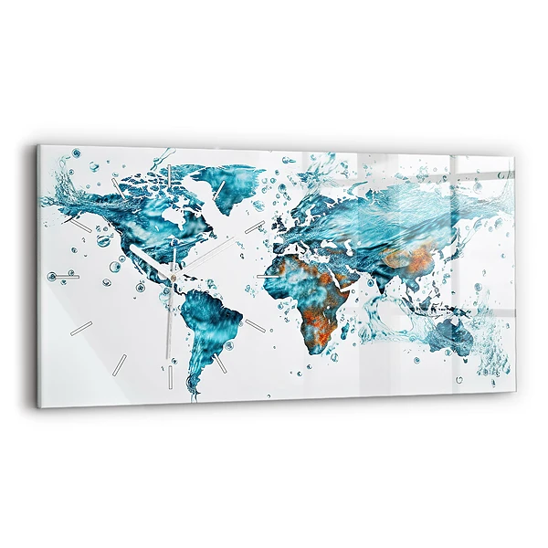 Horizontální skleněné hodiny nástěnné Akvarelová mapa světa