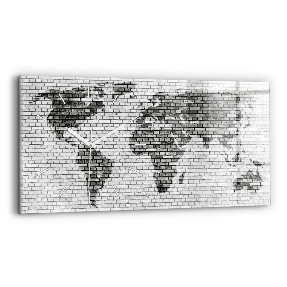 Horizontální skleněné hodiny nástěnné Cihlová zeď Mapa světa