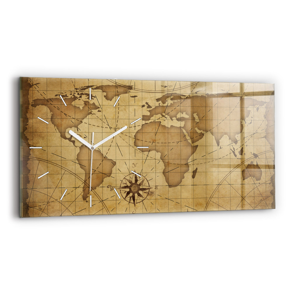 Horizontální nástěnné hodiny Vintage mapa světa