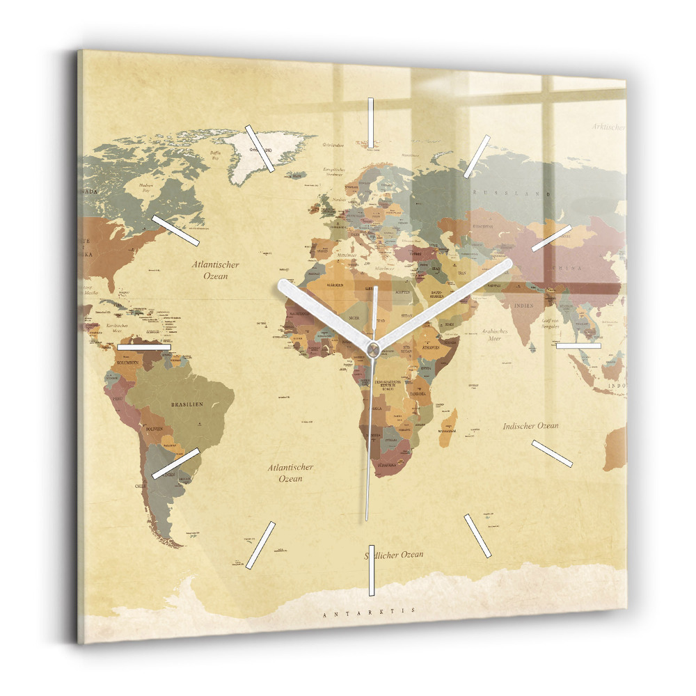 Skleněné nástěnné hodiny čtvercové Mapa světa ve vintage stylu