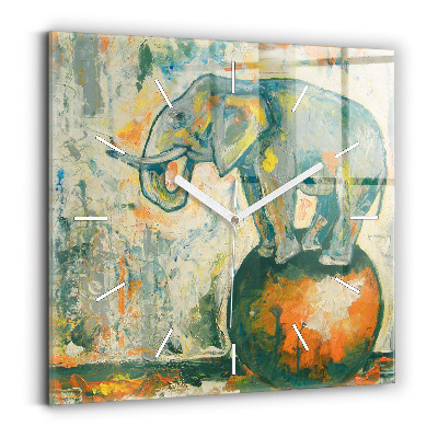 Skleněné nástěnné hodiny čtvercové Malovaný postoj slona