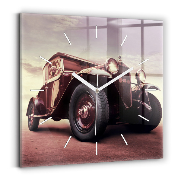 Skleněné nástěnné hodiny čtvercové Historické auto