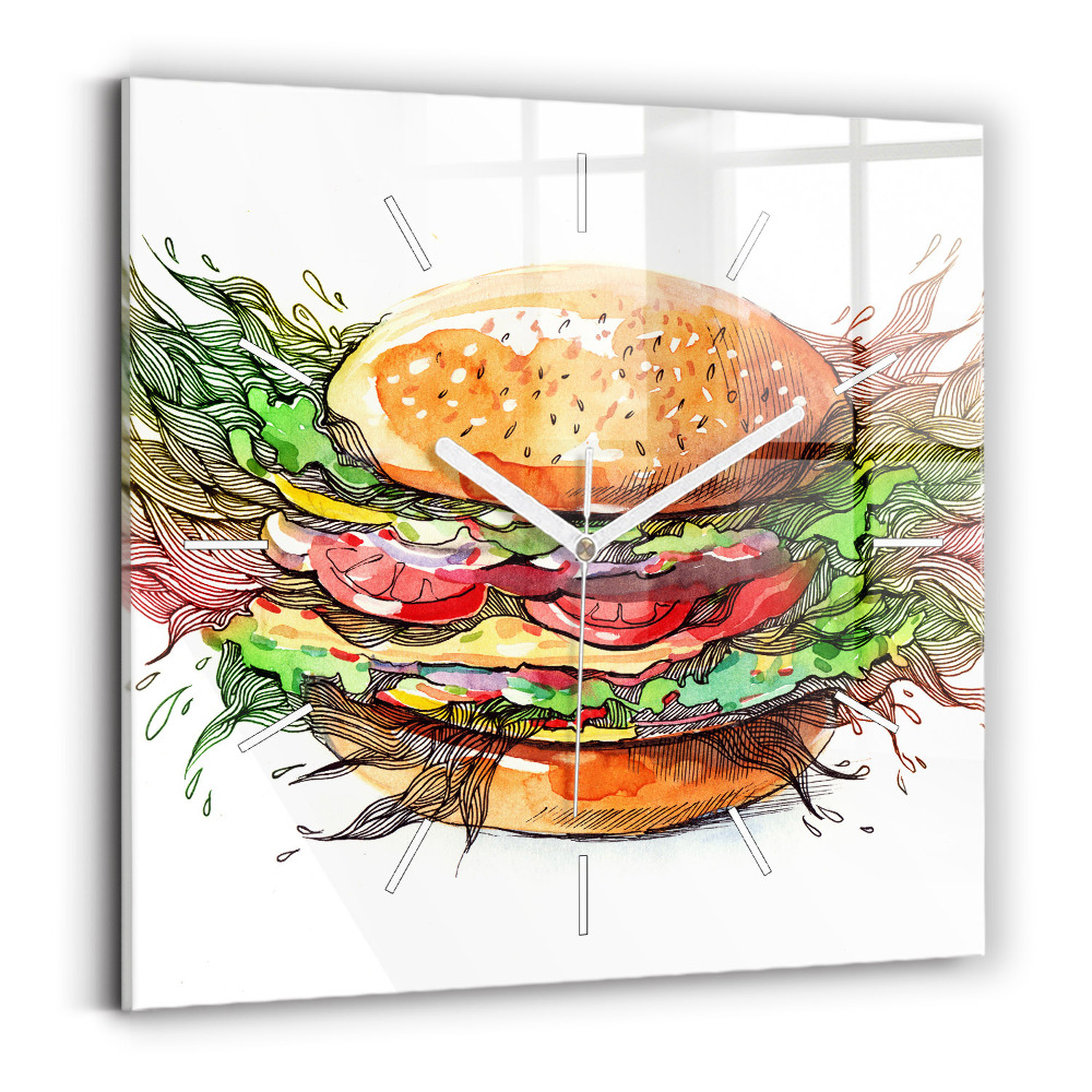 Skleněné nástěnné hodiny čtvercové XXL sýrový hamburger