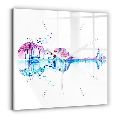 Skleněné nástěnné hodiny čtvercové Jezero v parku Cello