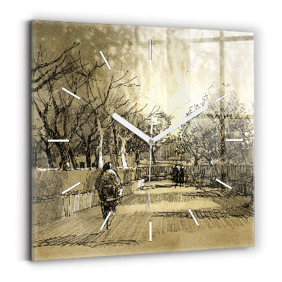 Skleněné nástěnné hodiny čtvercové Park a stromy v sépiové barvě