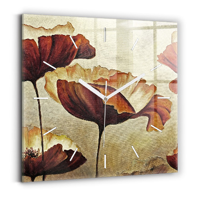 Skleněné nástěnné hodiny čtvercové Malované máky