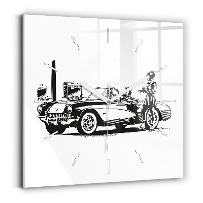 Skleněné nástěnné hodiny čtvercové Retro ilustrace