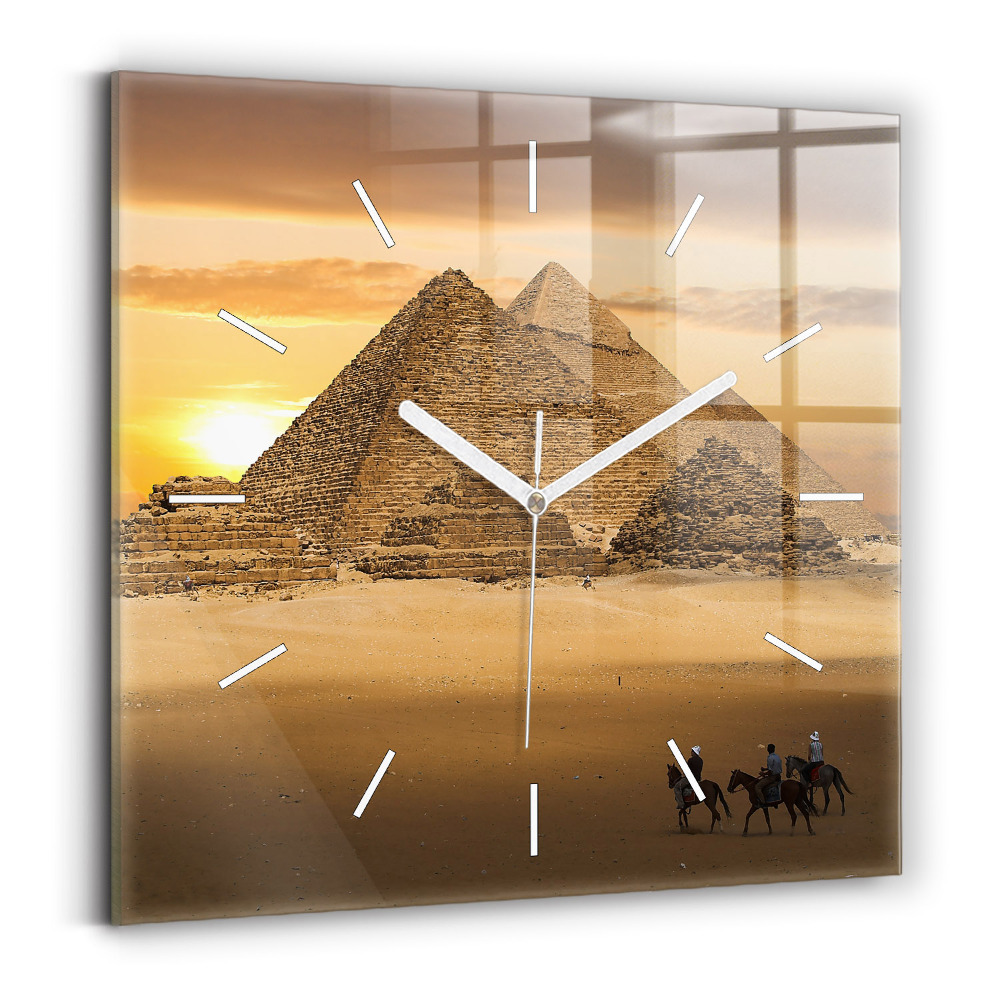 Skleněné nástěnné hodiny čtvercové Pyramidy a západ slunce