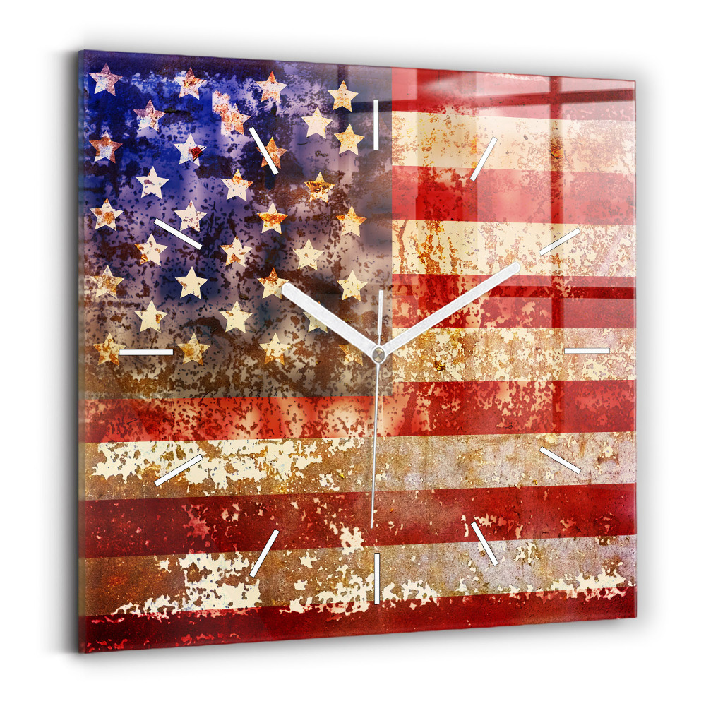 Hodiny na skle čtvercové Vlajka USA ve vintage stylu
