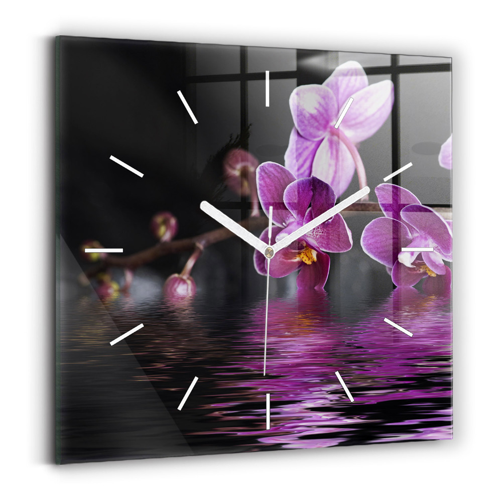 Skleněné nástěnné hodiny čtvercové Květ orchideje na vodě