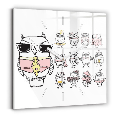 Hodiny na skle čtvercové Vintage plakát se sovami