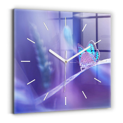 Skleněné hodiny s fotkou čtvercové Motýl na trávě