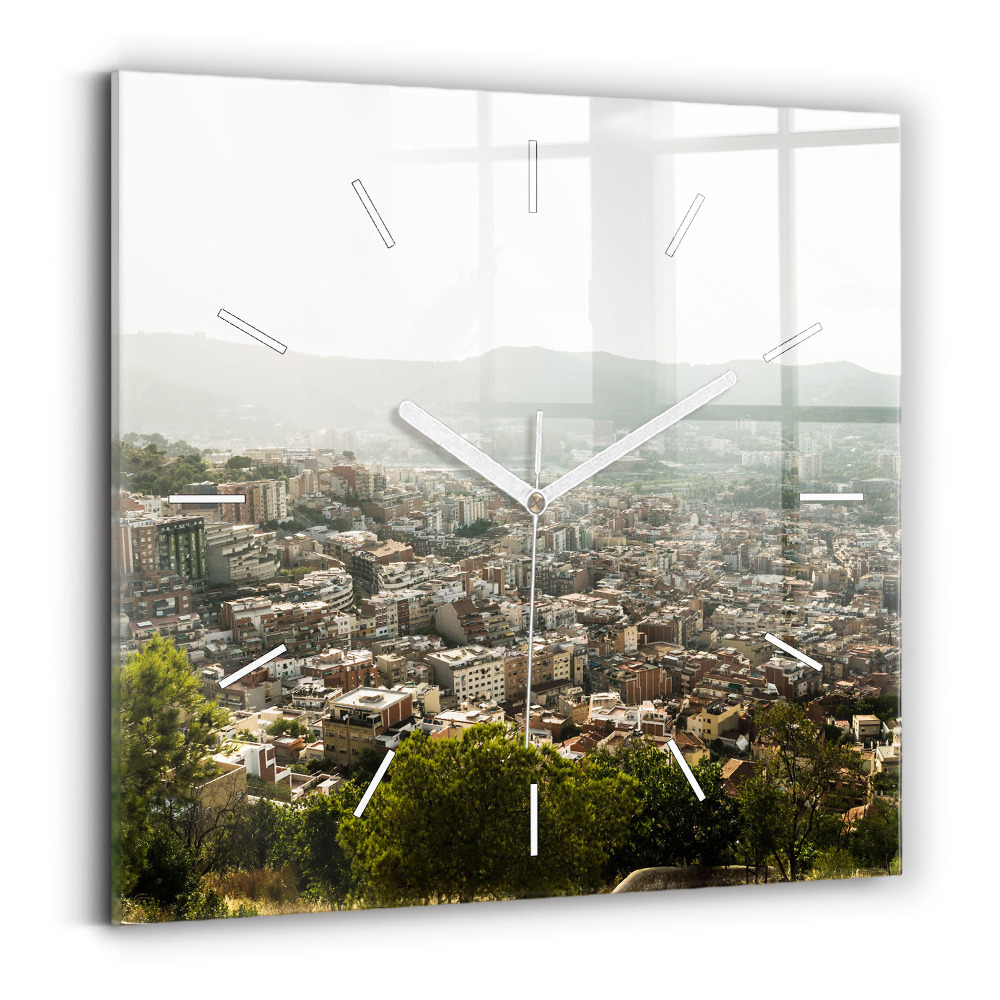 Skleněné hodiny s fotkou čtvercové Barcelonský výhled na Montjuic
