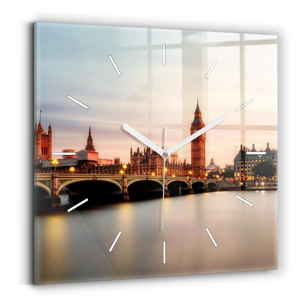 Skleněné hodiny s fotkou čtvercové Big Ben londýnské panorama