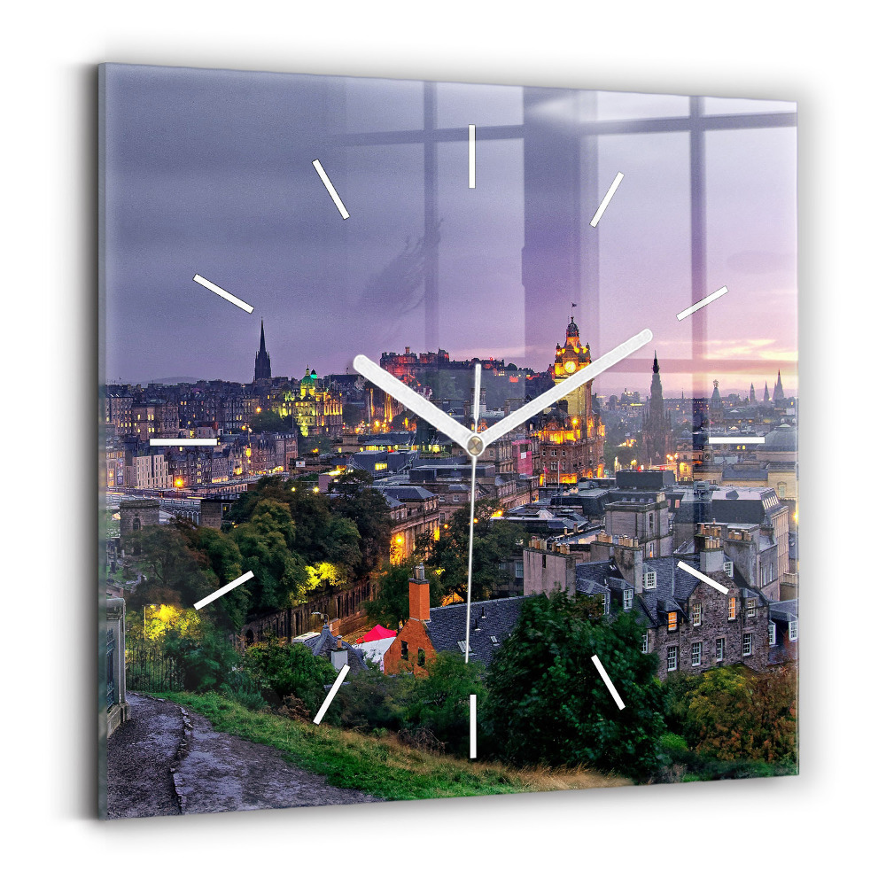 Skleněné hodiny s fotkou čtvercové Edinburgh z Calton Hill