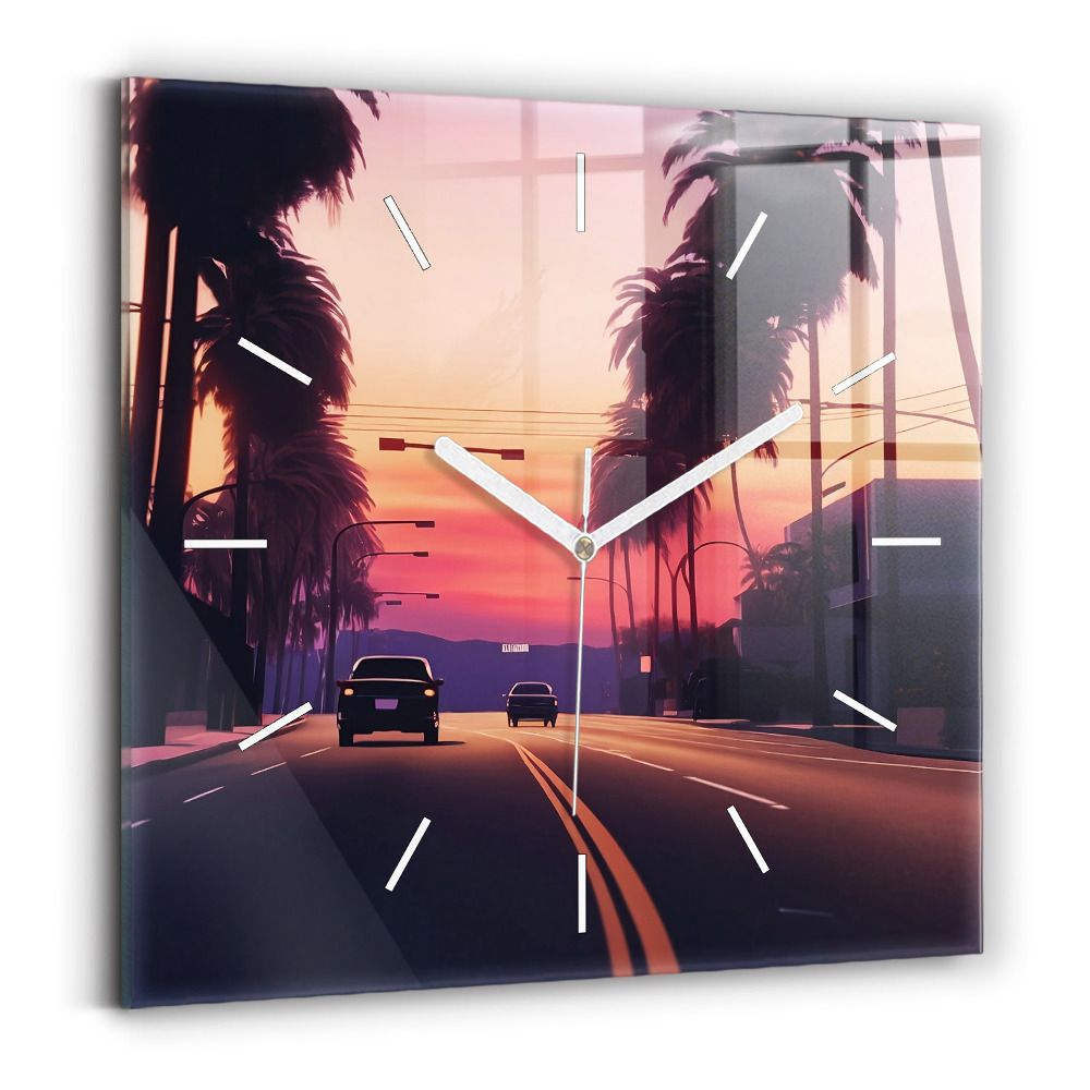 Skleněné nástěnné hodiny čtvercové Západ slunce v Los Angeles