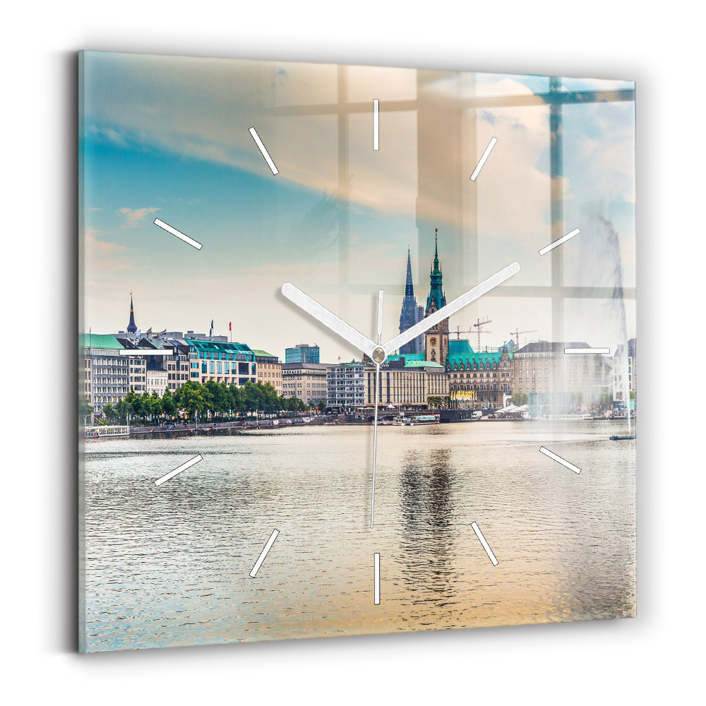 Skleněné nástěnné hodiny čtvercové Binnenalster v Hamburku