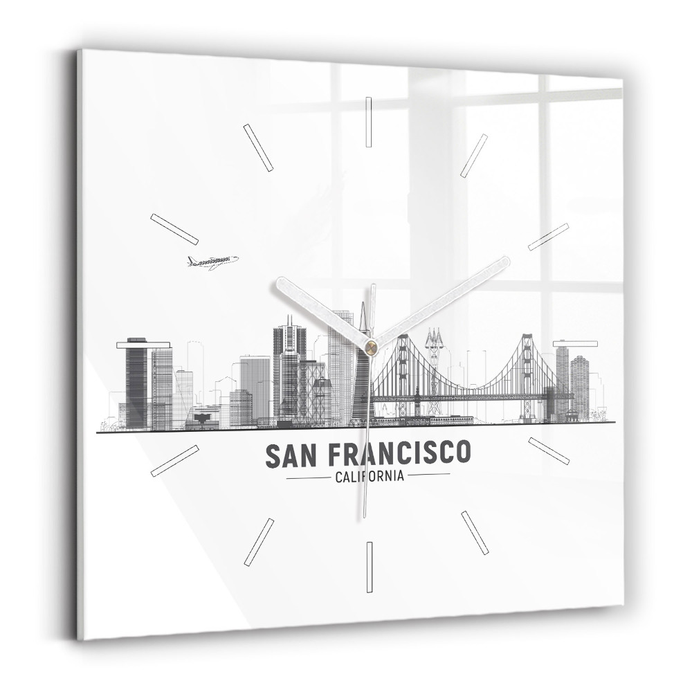 Skleněné nástěnné hodiny čtvercové Panorama San Francisca