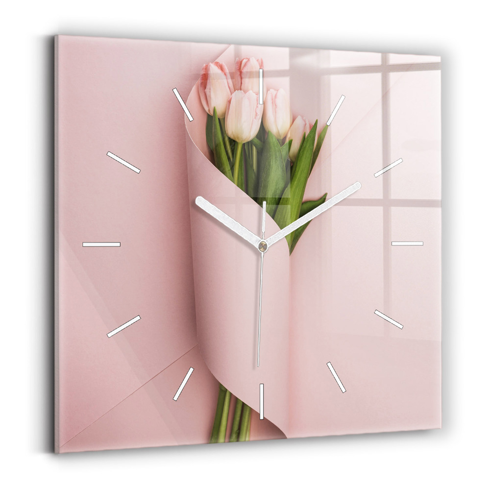 Hodiny na skle čtvercové Kytice tulipánů