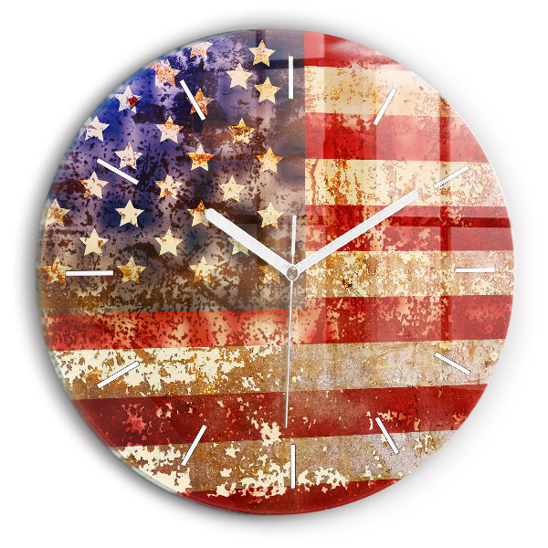 Skleněné hodiny kulaté Vlajka USA ve vintage stylu