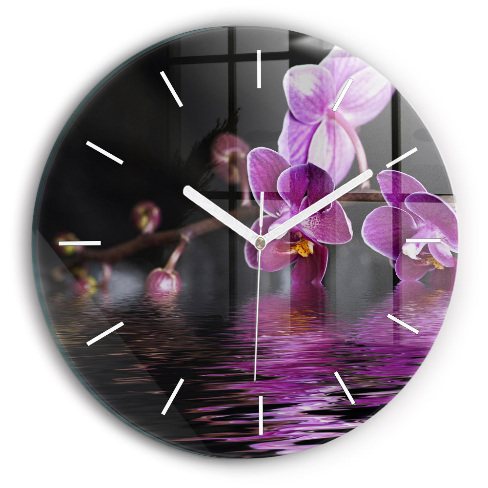 Kulaté nástěnné hodiny Květ orchideje na vodě