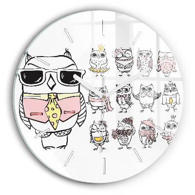 Skleněné hodiny kulaté Vintage plakát se sovami