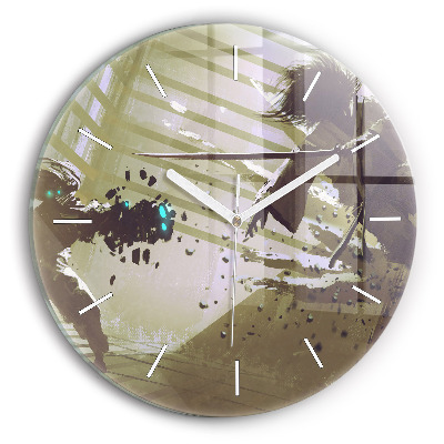 Skleněné hodiny kulaté Boj mezi robotem a samurajem