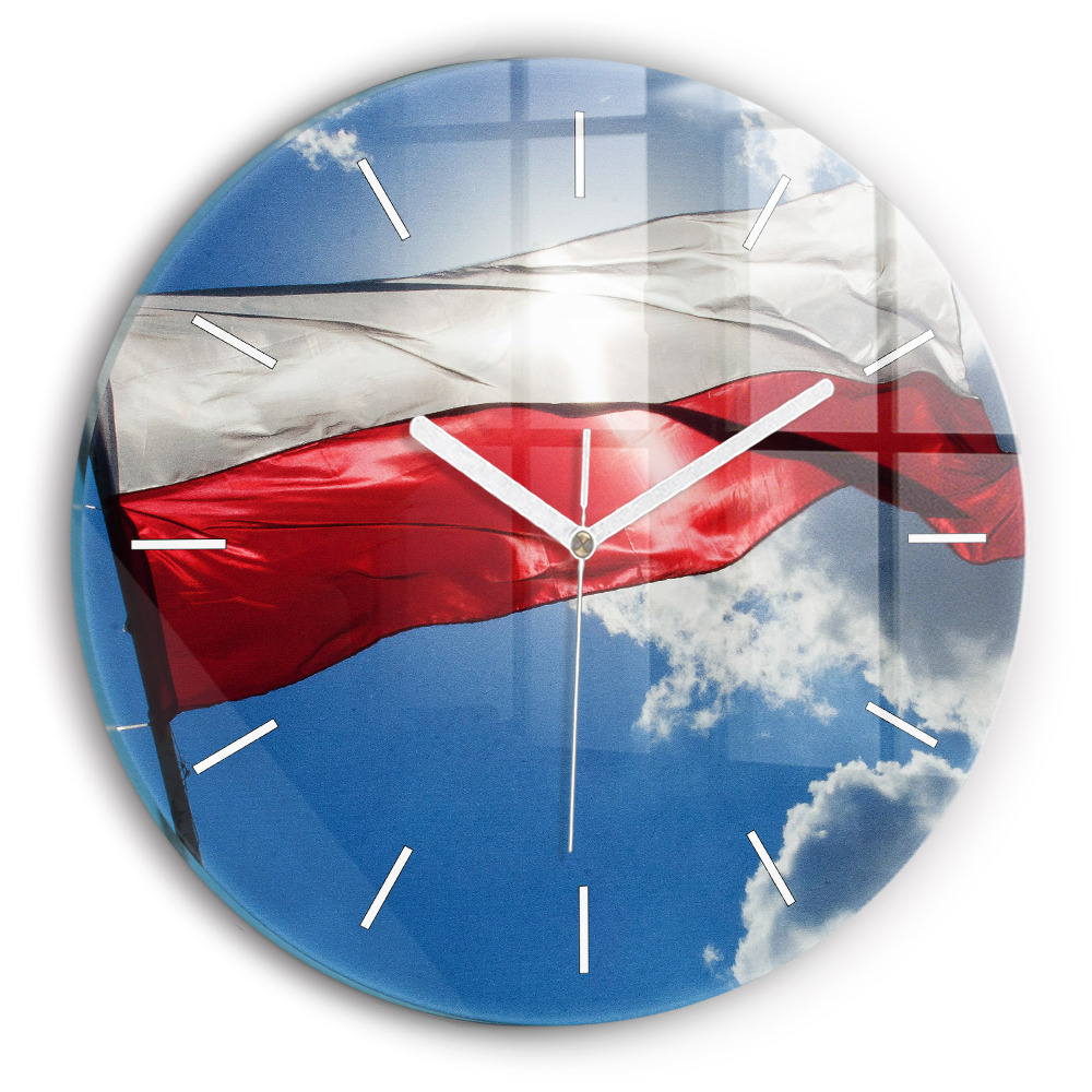 Skleněné hodiny kulaté Polská vlajka na pozadí oblohy