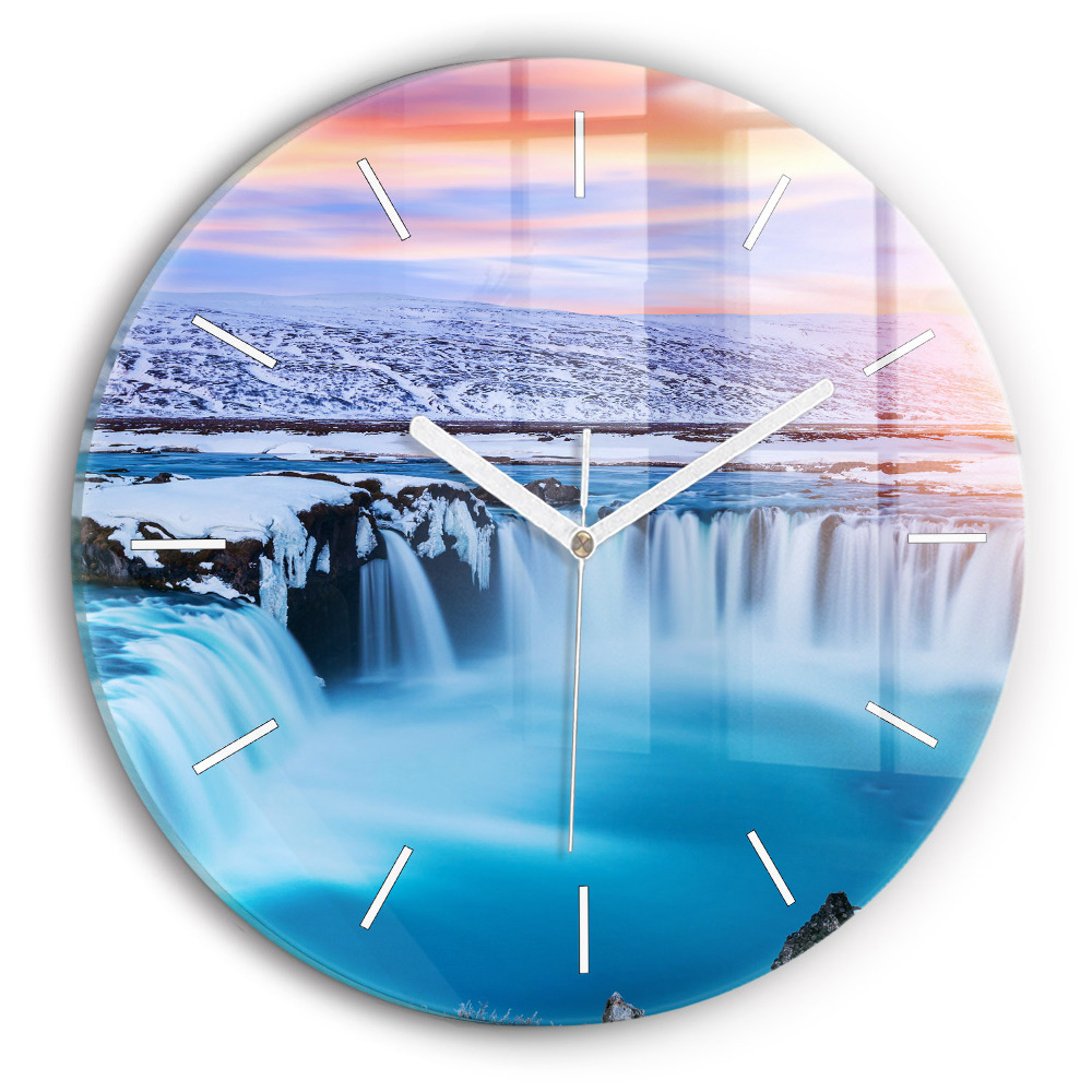 Kulaté nástěnné hodiny Vodopád Godafoss Island