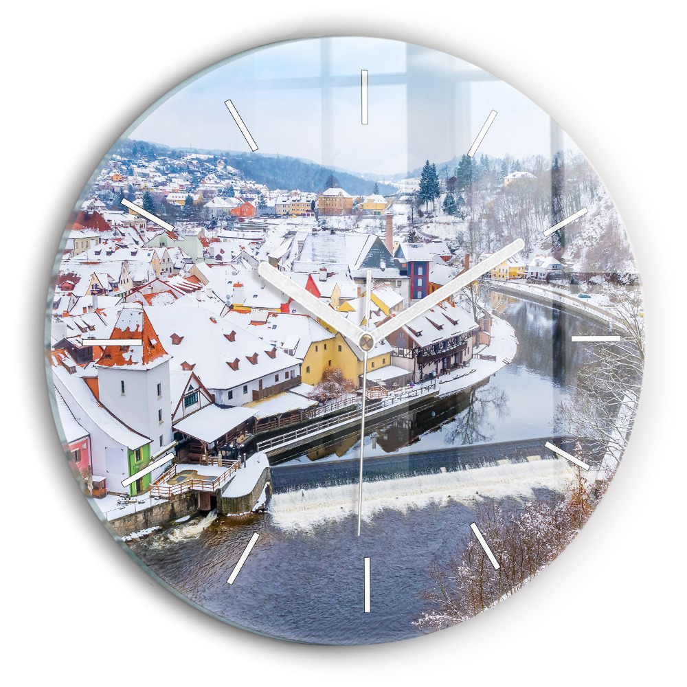 Kulaté nástěnné hodiny Panorama města v zimě