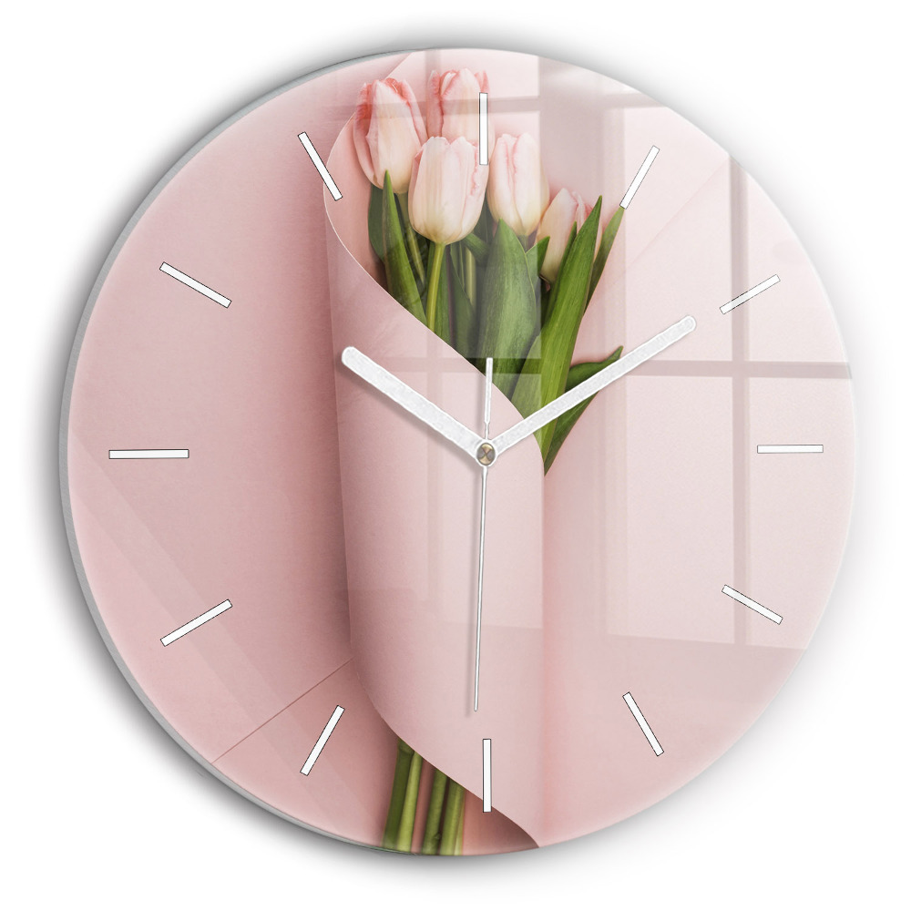 Skleněné hodiny kulaté Kytice tulipánů