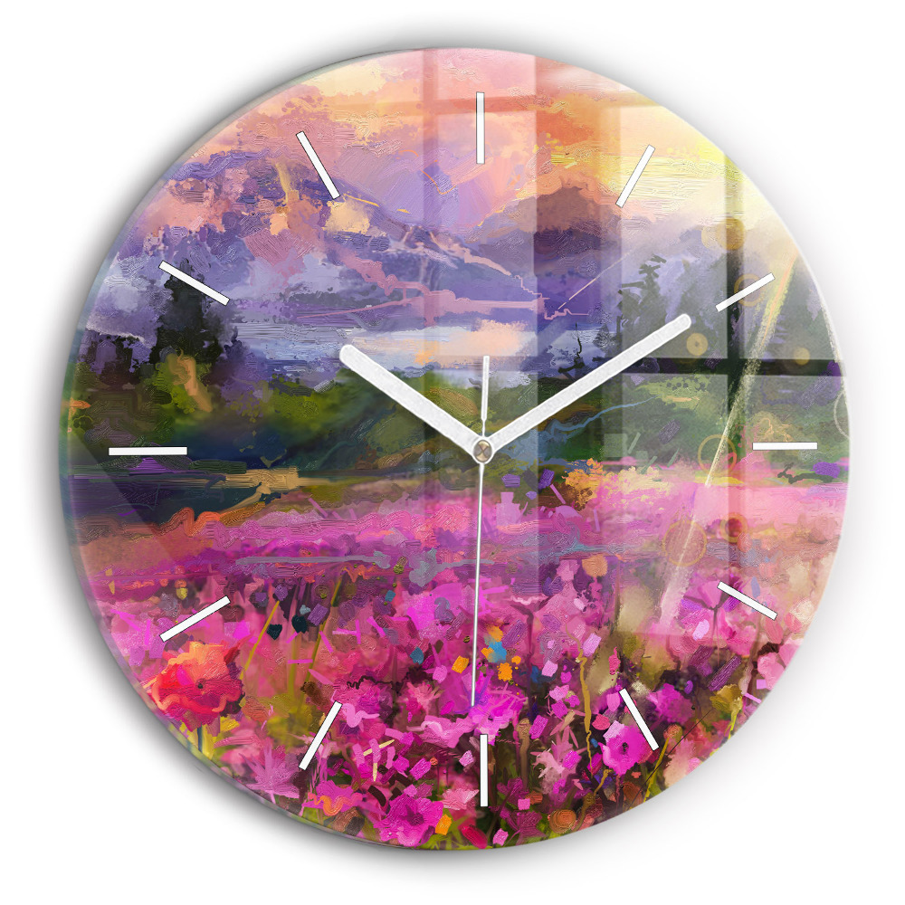 Nástěnné hodiny skleněné kulaté Krajina přírody a květin