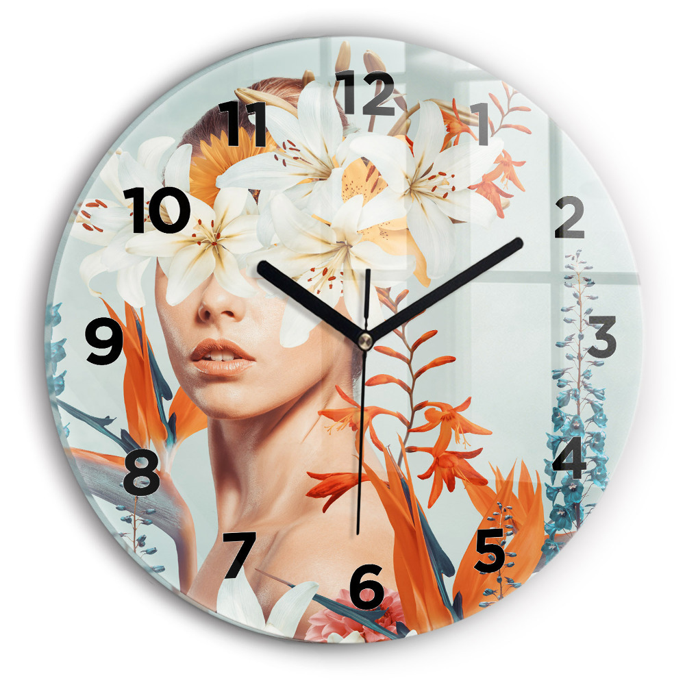 Skleněné hodiny na zed kulaté Žena s květinami