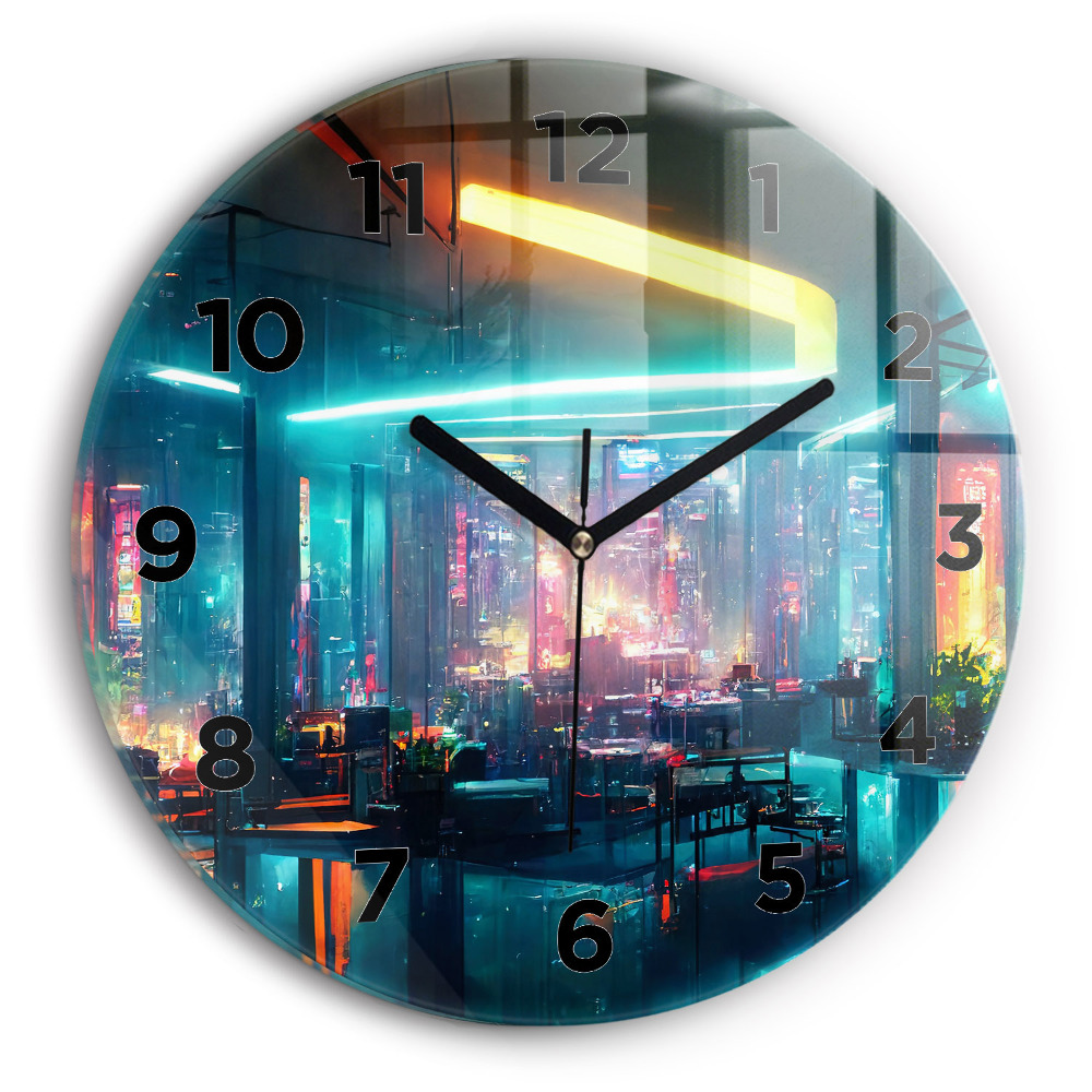 Skleněné nástěnné hodiny kulaté Město v kyberpunkovém stylu