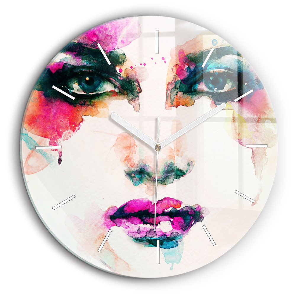 Skleněné hodiny na zed kulaté Abstraktní tvář ženy